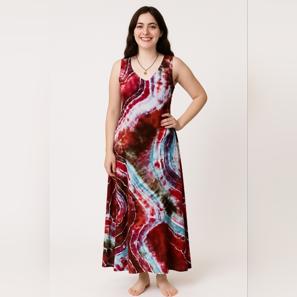 Small Maxi Length Tie Back Sleeveless Dress Geode Tie Dye Raspberry Lace - Picture 1 of 9